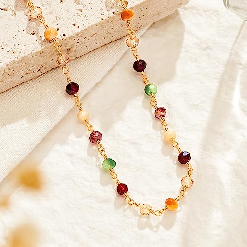 MTMY Beaded Necklaces for Women 14K Gold Plated Dainty Colorful Green/Rose Beaded Pearl Choker Necklace Delicate Boho Choker Necklace Jewelry Gift - style: Mixed color beads