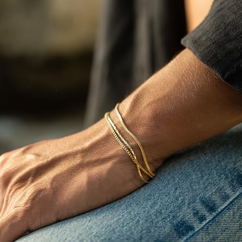 Mens Bracelet - Dainty Gold/Silver Chain Bracelet Stack 14K Gold Plated Silver Bracelets for Men Stainless Steel Adjustable Cross Charm Cuban Link Bracelet Snake Jewelry Set to Men Dad Birthday Day - color: Gold, size: 8+2 Inch