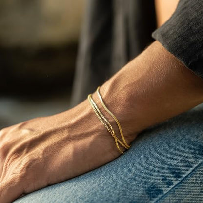 Mens Bracelet - Dainty Gold/Silver Chain Bracelet Stack 14K Gold Plated Silver Bracelets for Men Stainless Steel Adjustable Cross Charm Cuban Link Bracelet Snake Jewelry Set to Men Dad Birthday Day - color: Gold, size: 7+2 Inch