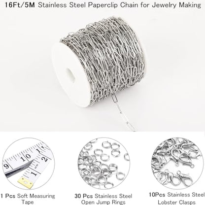 16Ft Stainless Steel Paperclip Chain for Jewelry Making, 4.5mm Width Silver Paper Clip Link Chains Roll for DIY Necklace Bracelet Craft Jewelry Making Supplies with Lobster Clasps Soft Tape Measure - color: Paperclip 4.5mm Silver
