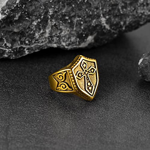 FaithHeart Mens Stainless Steel Crusader Jerusalem Cross Ring with 18K Gold Plated Two Tone Ring Size 7,8,9,10,11,12 - color: 08. Shield-Gold(Custom)