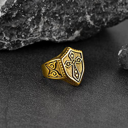 FaithHeart Mens Stainless Steel Crusader Jerusalem Cross Ring with 18K Gold Plated Two Tone Ring Size 7,8,9,10,11,12 - color: 08. Shield-Gold(Custom)
