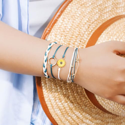 Sunflower Friendship Bracelets Boho Stackable String Bracelets Cute Trendy Gifts for Teen Girls Women - color: Peacock