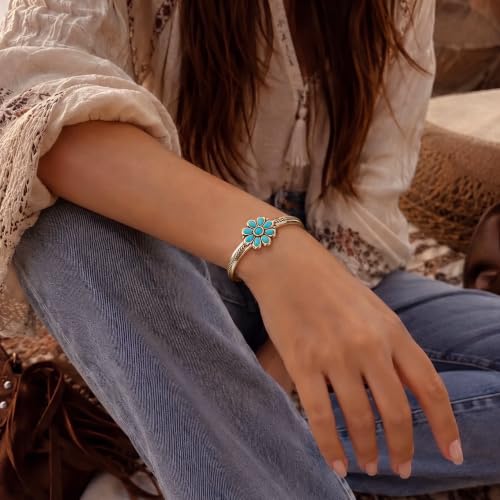 Wrangler Western Gold Turquoise Flower Open Cuff Bracelet for Women | Hand-Engraved Floral, Adjustable, Gold Plated Bangle, Southwestern Navajo design, with gift box, AR-WG-AC-BC-114-GD-TQ