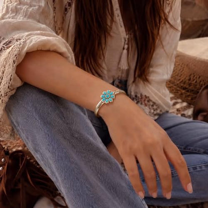 Wrangler Western Gold Turquoise Flower Open Cuff Bracelet for Women | Hand-Engraved Floral, Adjustable, Gold Plated Bangle, Southwestern Navajo design, with gift box, AR-WG-AC-BC-114-GD-TQ