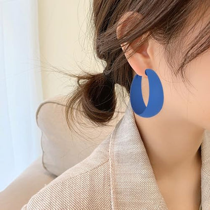 Anmpab Large Matte Round Hoop Earrings for Women Retro Geometric Pierced Neon Color Circle Dangle Earrings Party Jewelry - color: Blue