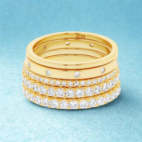 Waterproof Stacking Ring Set 14K Yellow Gold Plated Brass Cubic Zirconia Band Rings for Women Five Piece