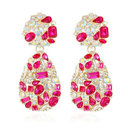 Rhinestone Statement Earrings Teardrop Costume Earrings Cluster Crystal Chandelier Drop Dangle Earrings for Women - color: Rose Red