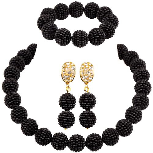Nigerian Wedding African Beads Jewelry Set Women Simulated Pearl Necklace and Earrings - color: Black