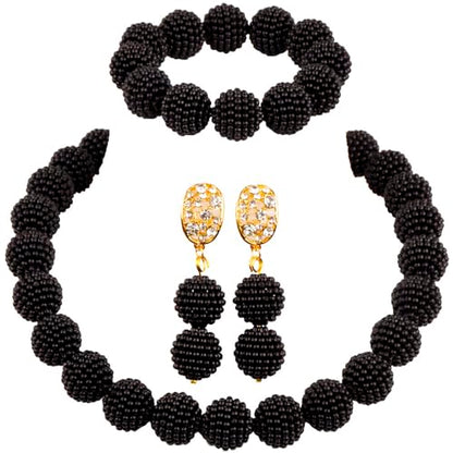 Nigerian Wedding African Beads Jewelry Set Women Simulated Pearl Necklace and Earrings - color: Black