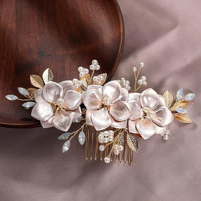 Flower Leaf Design Wedding Hair Comb, Metal Bridal Hair Accessory with Rhinestone, Wedding Prom Hair Clip Headpiece for Women (Gold Flower Pearl) - color: Gold Flower Pearl