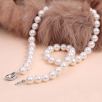 Pearl Necklaces for Women,8mm Pearl Necklace and Earring Bracelet Jewelry Set for Women Men Wedding Birthday Valentine Christmas Day Gifts - color: White
