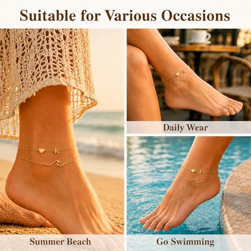 Initial Anklet Bracelets for Women, Waterproof Gold Plated Layered Ankles with Heart & Wave Charm, Non Tarnish Hypoallergenic Adjustable Summer Beach Pool Party Jewelry - style: Initial A