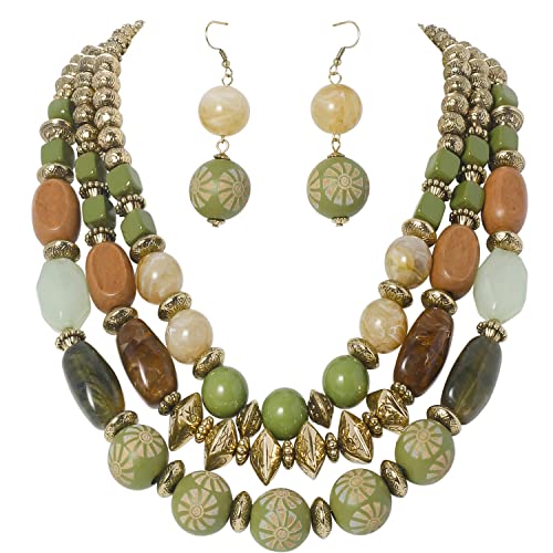 Bocar 3 Layer Chunky Statement Beaded Necklace and Earrings Set, Fashion Multi Layer Women Collar Necklace Jewelry Set - color: Olive