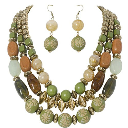 Bocar 3 Layer Chunky Statement Beaded Necklace and Earrings Set, Fashion Multi Layer Women Collar Necklace Jewelry Set - color: Olive