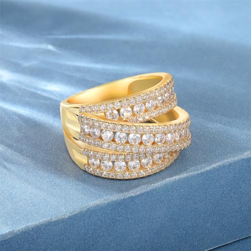 MDFUN Halo Eternity Rings Wedding Bands, 3 Rows Round Cut Cubic Zirconia Statement Rings, 18K White Gold/Yellow Gold Plated Wedding Band for Women Size 5-10 - color: Yellow Gold