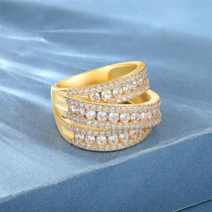MDFUN Halo Eternity Rings Wedding Bands, 3 Rows Round Cut Cubic Zirconia Statement Rings, 18K White Gold/Yellow Gold Plated Wedding Band for Women Size 5-10 - color: Yellow Gold