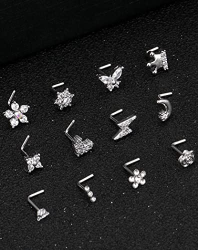 Akeoqi 12Pcs Nose Rings Stud L Shape Nose Rings Cubic Zirconia Butterfly Flower Eye Moon Crown Heart Lightning Shape Nose Studs Piercing Jewelry for Women Men Silver Gold Plated 20G - style: A:Crown