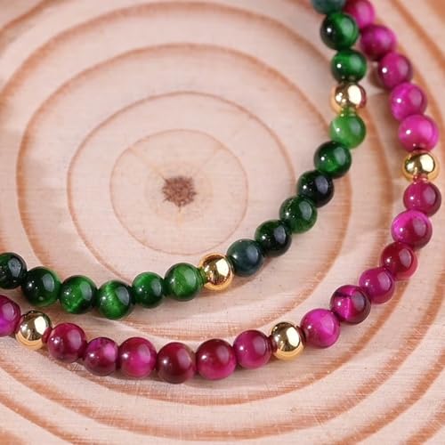 Natural Stone&925 Sterling Silver/18K Gold Anklet,│4MM│9-12 in│, Hand Woven, Adjustable Size - color: Rose Tiger's Eye Anklet,4MM