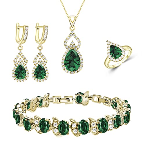 LMXXVJ Women Jewelry Set Platinum Plated Necklace Open Ring Earrings Bracelet Set,Birthday/Anniversary Mother’s Day Jewelry Gifts for Mom/Wife/Sister/Best Friend - color: Yellow Gold-Green