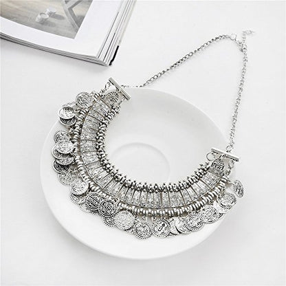 LUREME Vintage Engraved Coin Bib Statement Necklace Clavicle Necklace (01003295) - style: Antique Silver