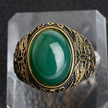 Retro Unisex Stainless Steel Oval Gemstone Hollow Flower Carved Signet Ring - color: Gold Black-Green