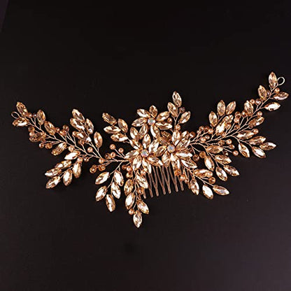 Hair Comb, Women Handmade Wedding Champagne Rhinestone Crystal Flower Headpiece for Bride, Bridal Headpieces for Women Girls - color: CHAMPAGNE