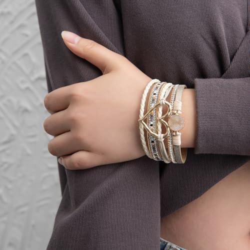Rantanto Leather Wrap Bracelets For Women Gold Twist Lock Buckle Wrist Cuff | PU leather,Skin-friendly,Boho Stackable Wristband,Fashion Daily Jewelry,Trend Casual Party Bangle,Fit For Birthday, Holiday - color: Heart Beige