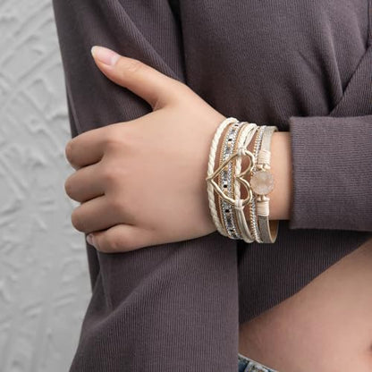 Rantanto Leather Wrap Bracelets For Women Gold Twist Lock Buckle Wrist Cuff | PU leather,Skin-friendly,Boho Stackable Wristband,Fashion Daily Jewelry,Trend Casual Party Bangle,Fit For Birthday, Holiday - color: Heart Beige