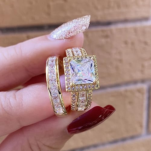 CEJUG 3Ct Princess Wedding Rings for Women Engagement Ring Set Bands 18k White Gold Plated Halo Cz Size 6-10 - color: Gold