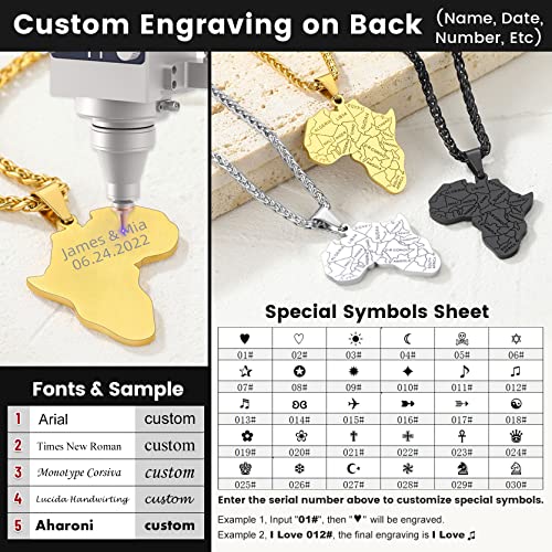 GOLDCHIC JEWELRY Africa Map Necklace for Men, Stainless Steel African Tribal/Egyptian Eye of Horus/I LOVE AFRICA/Elephant Map Hiphop Jewelry Unisex with 22'+2'Adjustable Chain - color: Africa Map - Gold, style: Personalised Engraving