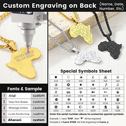 GOLDCHIC JEWELRY Africa Map Necklace for Men, Stainless Steel African Tribal/Egyptian Eye of Horus/I LOVE AFRICA/Elephant Map Hiphop Jewelry Unisex with 22'+2'Adjustable Chain - color: Africa Map - Gold, style: Personalised Engraving