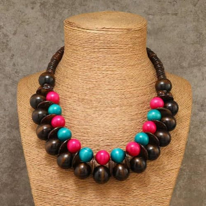COLORFUL BLING Ethnic Large Chunky Wooden Beaded Necklaces Boho African Statement Necklace Handmade Tribal Collar Choker Bib Jewelry - color: joint brown mix