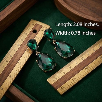 Green Earrings for Women, Emerald Green Teardrop Drop Estate Style Dangle Earrings with Rhinestone Crystal for Prom Wedding Fashion Events