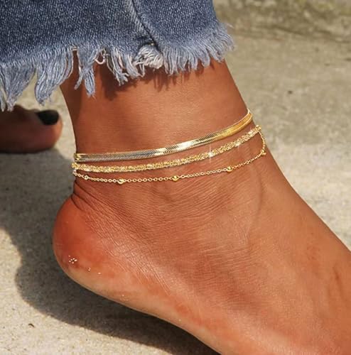 MFRYK Gold Ankle Bracelets for women,14k Gold/Silver Plated Waterproof Layered lightweight Cuban Link Figaro Chain Heart anklet butterfly anklet Pearl Ankle Bracelets Set Gold Anklets for women Trendy Jewelry Gift for Women - style: 3 anklets twisted sate