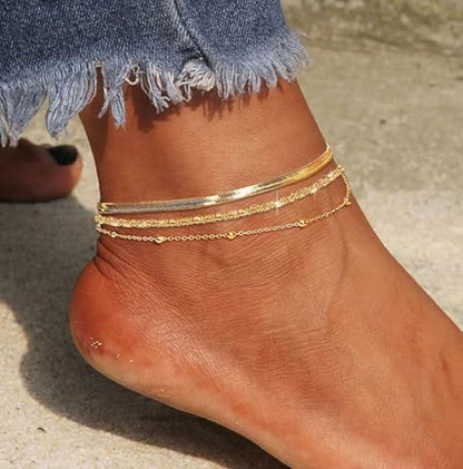 MFRYK Gold Ankle Bracelets for women,14k Gold/Silver Plated Waterproof Layered lightweight Cuban Link Figaro Chain Heart anklet butterfly anklet Pearl Ankle Bracelets Set Gold Anklets for women Trendy Jewelry Gift for Women - style: 3 anklets twisted sate