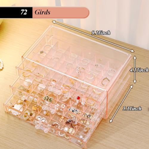 Earring Organizer Box Acrylic Stackable Jewelry Organizer with 3 Drawers 72 Small Compartments Clear Jewelry Display Stand for Stud Earring Ring Pin Display (Pink) - color: Pink
