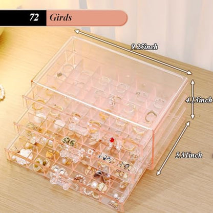 Earring Organizer Box Acrylic Stackable Jewelry Organizer with 3 Drawers 72 Small Compartments Clear Jewelry Display Stand for Stud Earring Ring Pin Display (Pink) - color: Pink