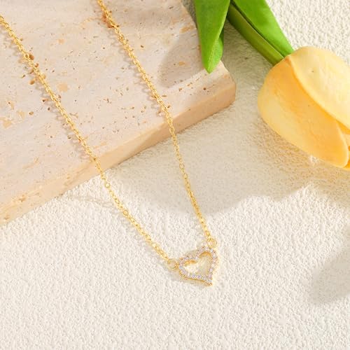 Starain Heart Necklaces for Women Dainty Cubic Zirconia Love Heart Pendant Necklace 18K Gold Plated Chain Trendy Stuff Jewelry - color: B Gold Heart Necklace