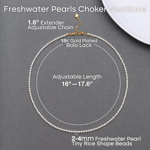 Pearls Necklace, Freshwater Tiny Small Pearls Necklace for Women's Pearl Strand Necklace Chain 18K Gold Plated Hypoallergenic White Necklace as Prom Bridesmaid Birthday Gifts - color: Rice Pearls, 18KGP Lock