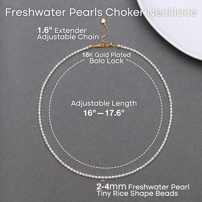 Pearls Necklace, Freshwater Tiny Small Pearls Necklace for Women's Pearl Strand Necklace Chain 18K Gold Plated Hypoallergenic White Necklace as Prom Bridesmaid Birthday Gifts - color: Rice Pearls, 18KGP Lock