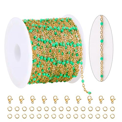 KYUNHOO 16.4FT/5M Gold Plated Jewelry Chains Bulk for Necklace Crafting | Bright Green Bead Cable Links Stainless Steel Enamel Chain for Earring Bracelet Making with Jewelry Accessories - color: gold-light green