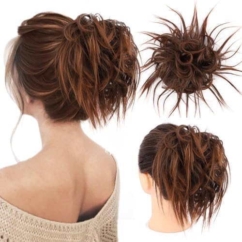 HMD Tousled Updo Messy Bun Hairpiece Hair Extension Ponytail for Women | Synthetic Hair Bun Extension with Elastic Rubber Band, Tousled Updo Messy Bun Hairpiece for Ponytail Styles Daily Party - color: Dark Brown mix Light Auburn
