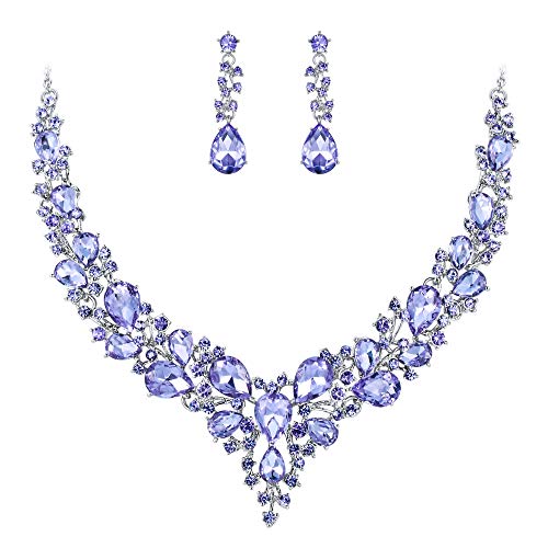 Women's Wedding Statement Necklace Dangle Earring Jewelry | Austrian Crystal Teardrop Cluster,Necklaces Earrings Set for Bride Bridesmaid,Prom Accessories - color: 13-Light Purple Silver-Tone