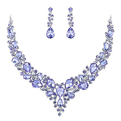 Women's Wedding Statement Necklace Dangle Earring Jewelry | Austrian Crystal Teardrop Cluster,Necklaces Earrings Set for Bride Bridesmaid,Prom Accessories - color: 13-Light Purple Silver-Tone