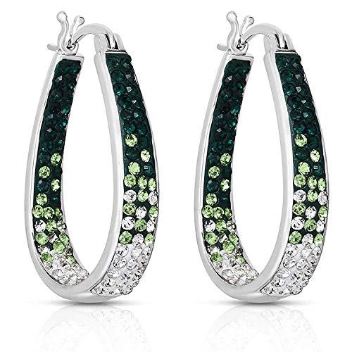 Savlano 14K White Gold Plated Inside Out Crystal Hoop Earrings For Women Comes With Savlano Gift Box - color: Green-White