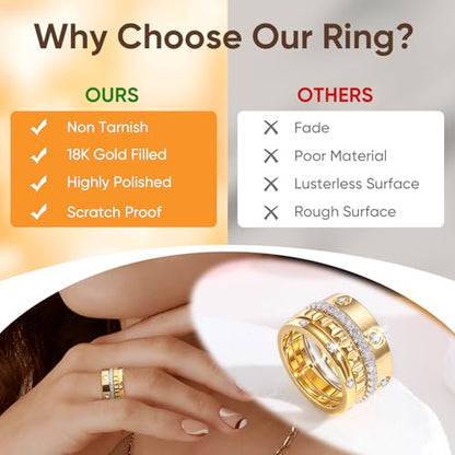 Stackable Gold Rings for Women - 18K Gold Plated Rings Set, Non Tarnish Stainless Steel Cubic Zirconia Friendship Band Stack Rings Trendy Jewelry, Christmas Birthday Party Gifts for Her Girlfriend