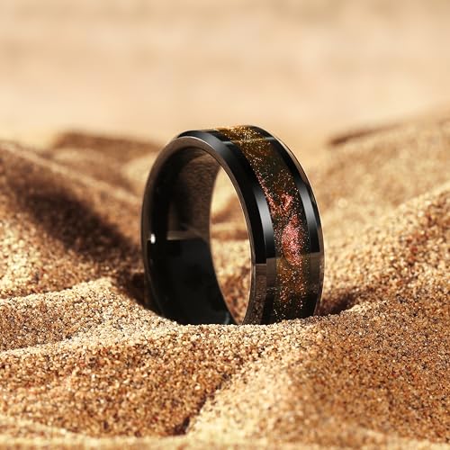 King Will Mens Galaxy Tungsten Wedding Band | 6mm/8mm, Beveled Edge, Comfort Fit, Durable, Sandstone Opal Inlay Polished, Everyday Wear - color: Black&Orange Sand
