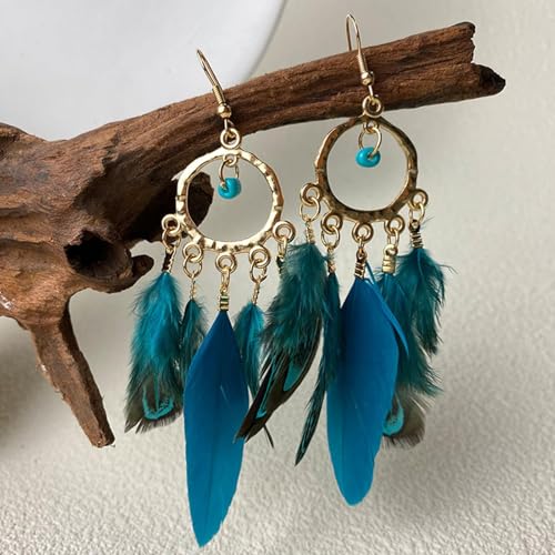 Feather Earrings for Women Boho Jewelry Peacock Feather Long Brown Light weight Western Earrings - color: A2:blue feather earrings