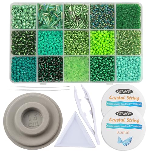 GTAAOY Mix 15 Color Glass Seed Beads, Glass Bugle Beads Tube Beads for Adults, Bracelet Bead Boards, Tweezers,Elastic Sting for Jewelry Making(Mix Size,Green) - color: Green